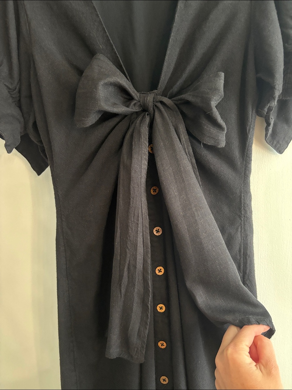 Free People Black Cotton Bow Button Down Midi Dress - Picture 2 of 8